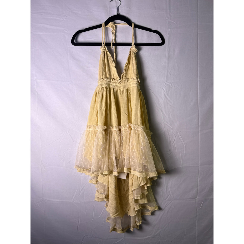 Boutique Vintage Inspired Ruffle Tiered Cream V-neck Hi-Low Dress Womens Medium