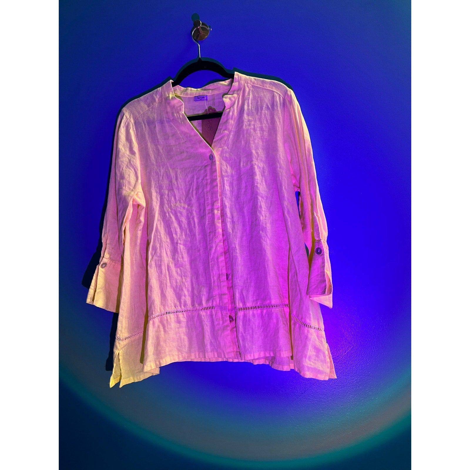 Symple NYC Button Up Long Sleeve Blouse Yellow Linen Blend Women's Size Small