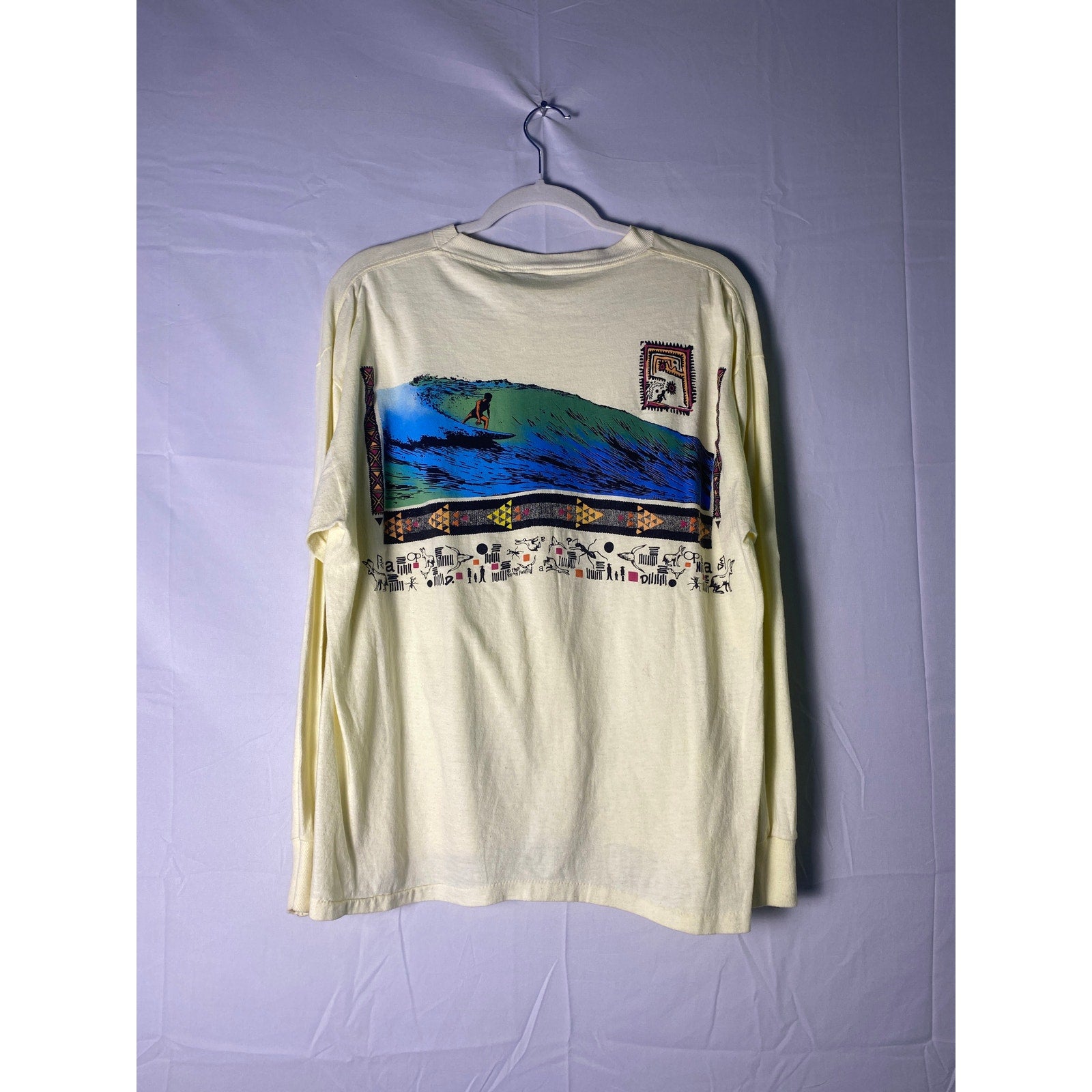 Ocean Pacific Surfing Style Print Ivory Long Sleeve Shirt Men's Size XL