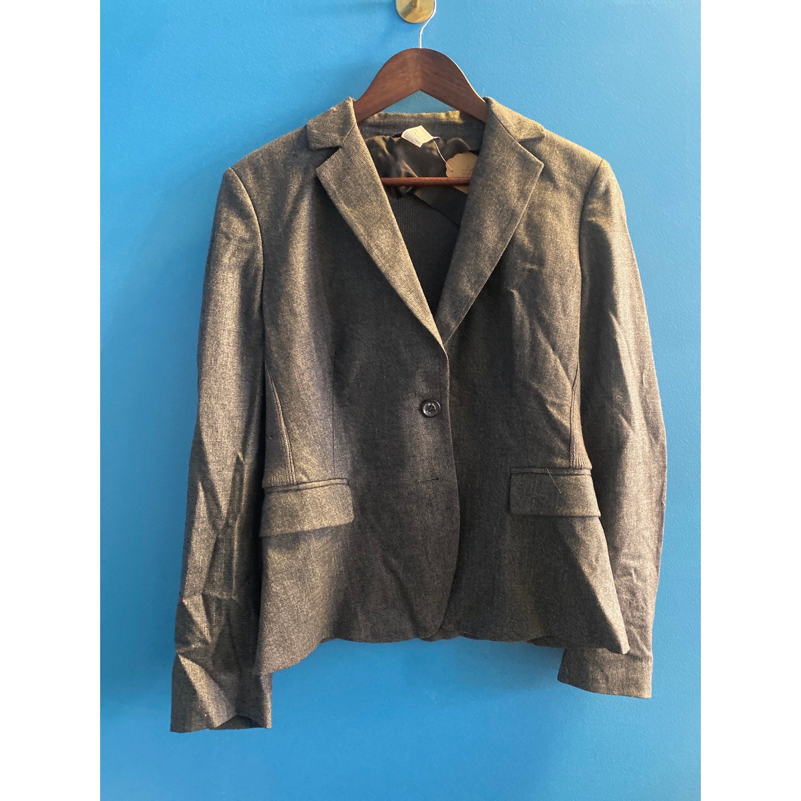 Les Copains Blue Gray Wool Blend One Button Blazer Jacket Women's Size 46
