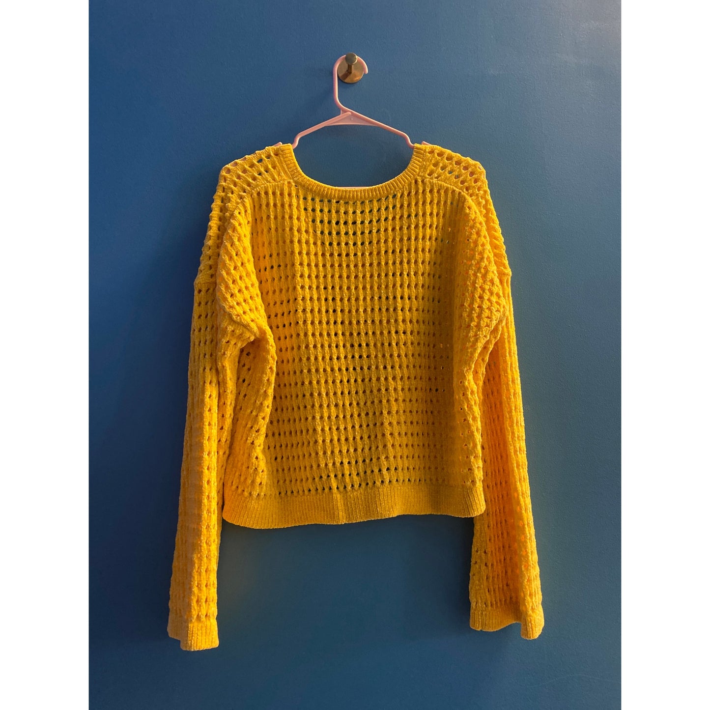 Express Yellow V-neck Open Knit Chenille Pullover Sweater Women's Size Small