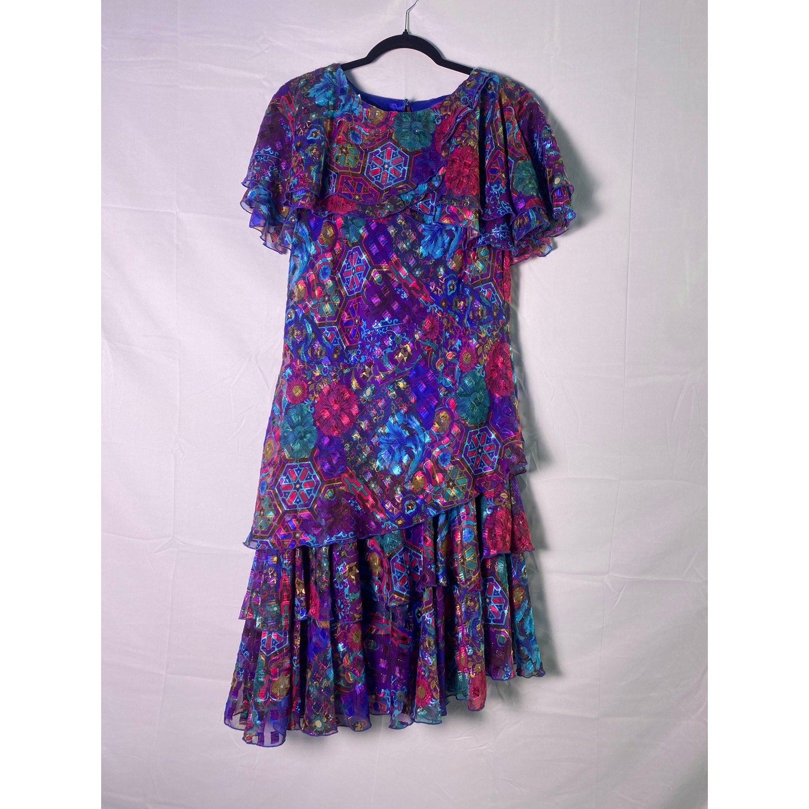 Vintage 80's Patra Floral Geometric Multicolor Ruffle Dress Boho Women's M/L