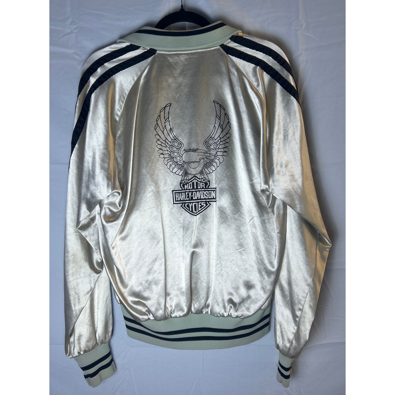 Vintage Harley Davidson White Satin Full Zip Jacket Pockets Women Size Medium