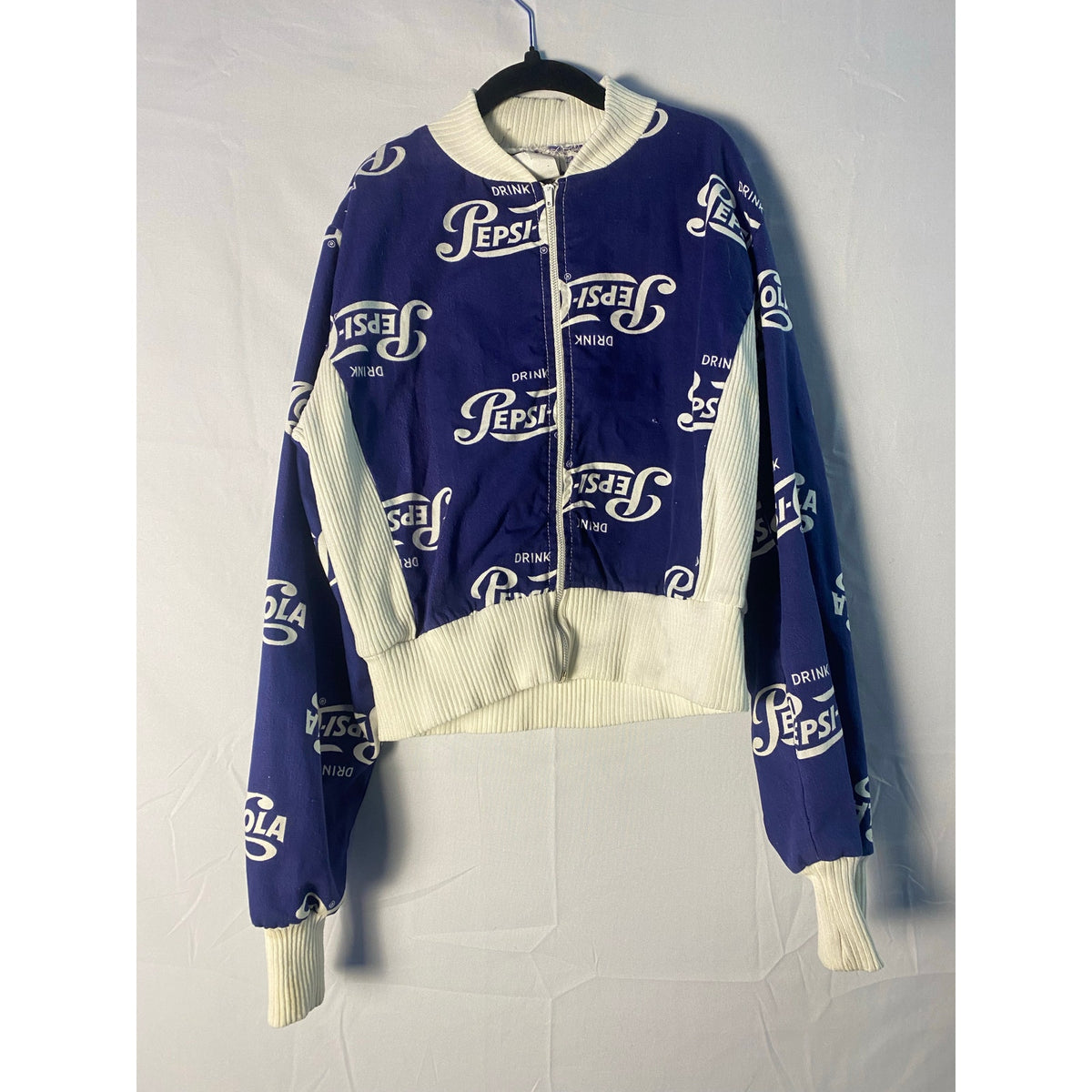Vintage 70s-80s Pepsi Blue White Bomber Cropped Jacket Full Zip Kid's Size 8-9