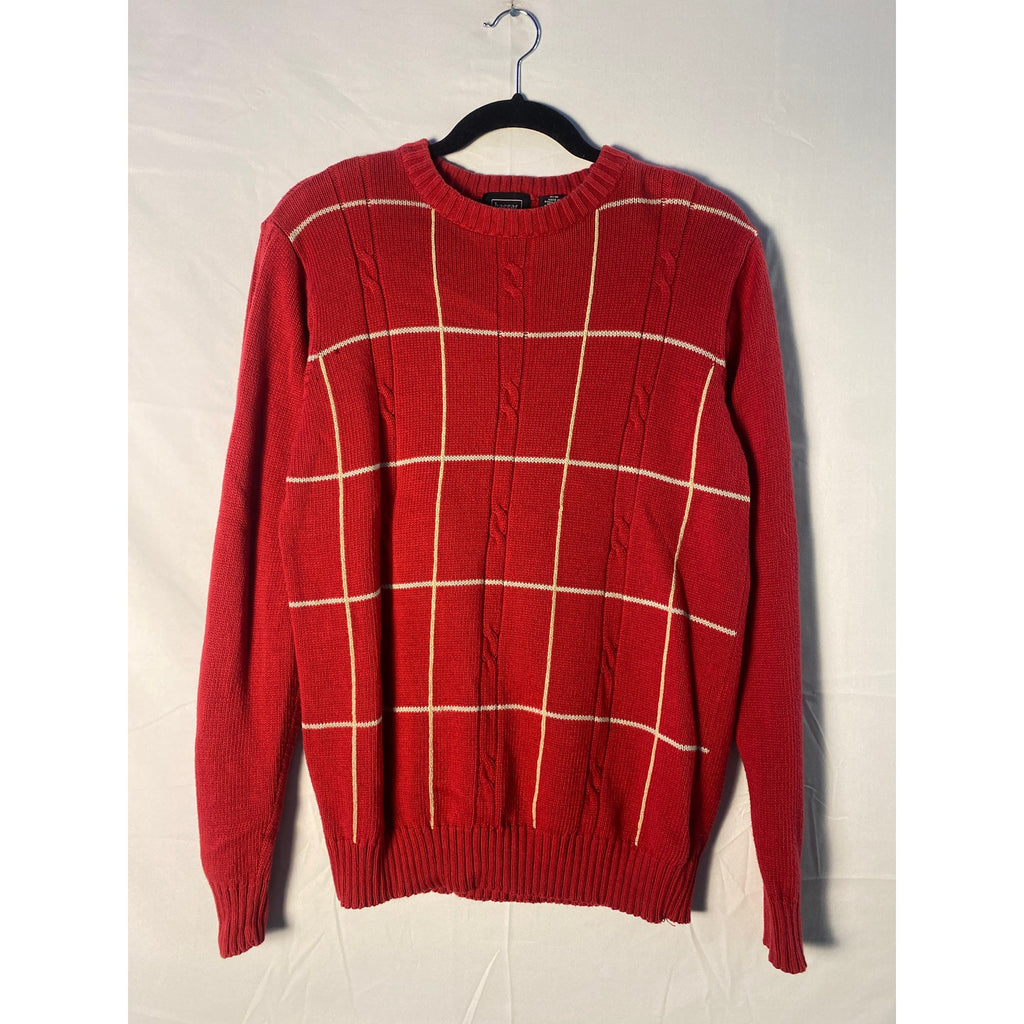 Haggar Cotton Crewneck Cable-Knit Red Sweater w/ White Grid Pattern Men's Medium