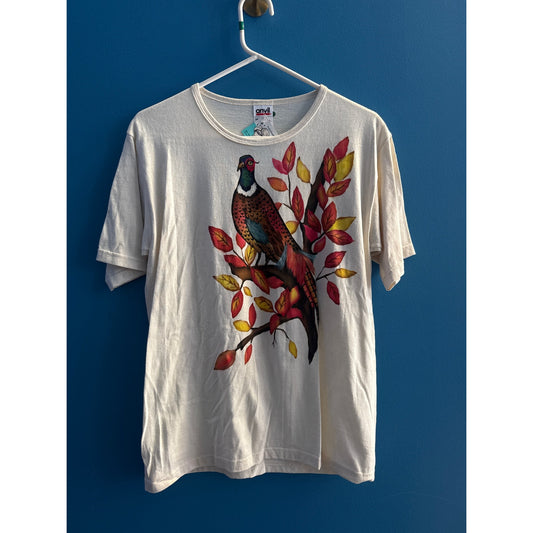 Anvil Pheasant Leaves Floral Painted White Shirt Women's Size Medium