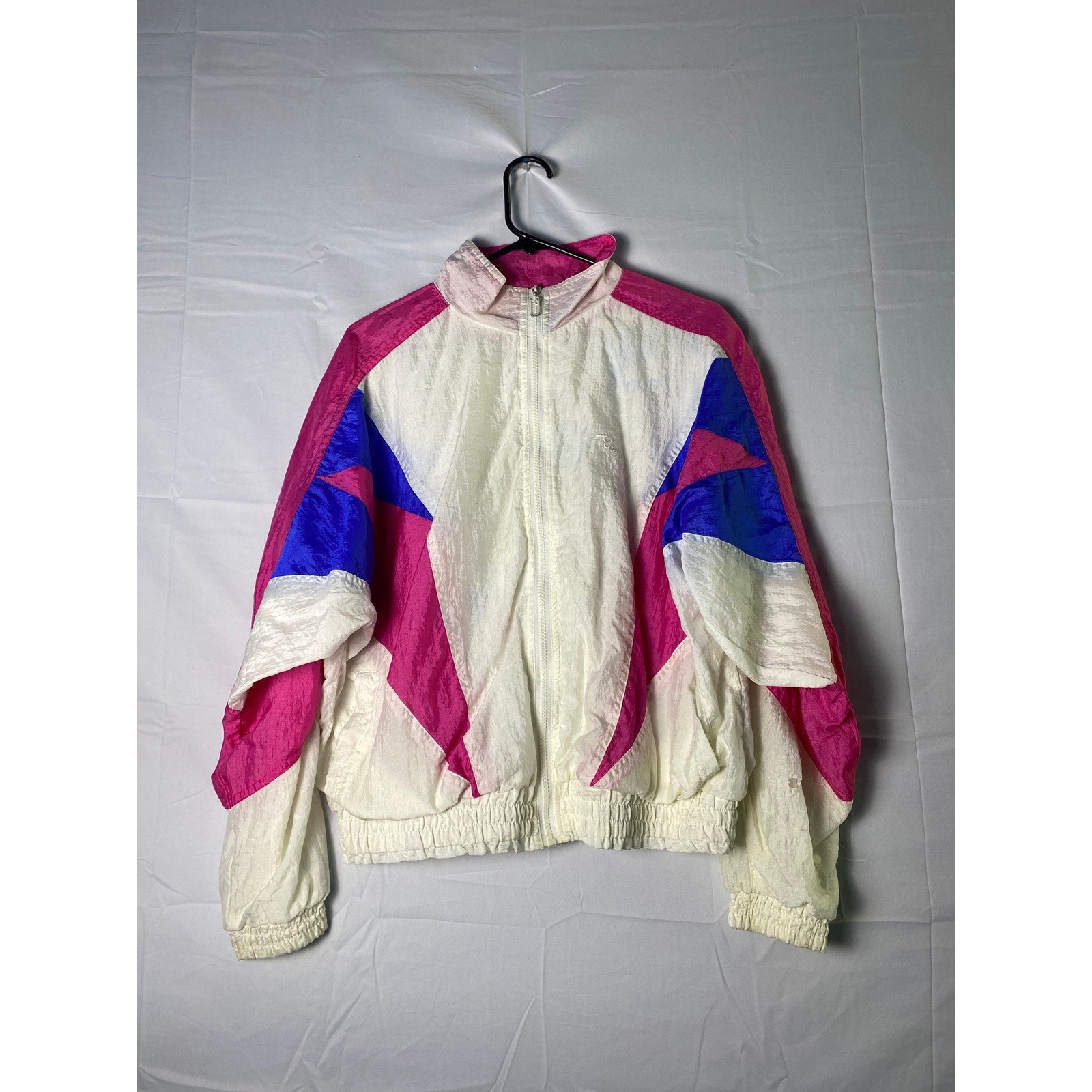 Vintage 80s PUMA White Pink Blue Full Zip Windbreaker Jacket Women's Size Large