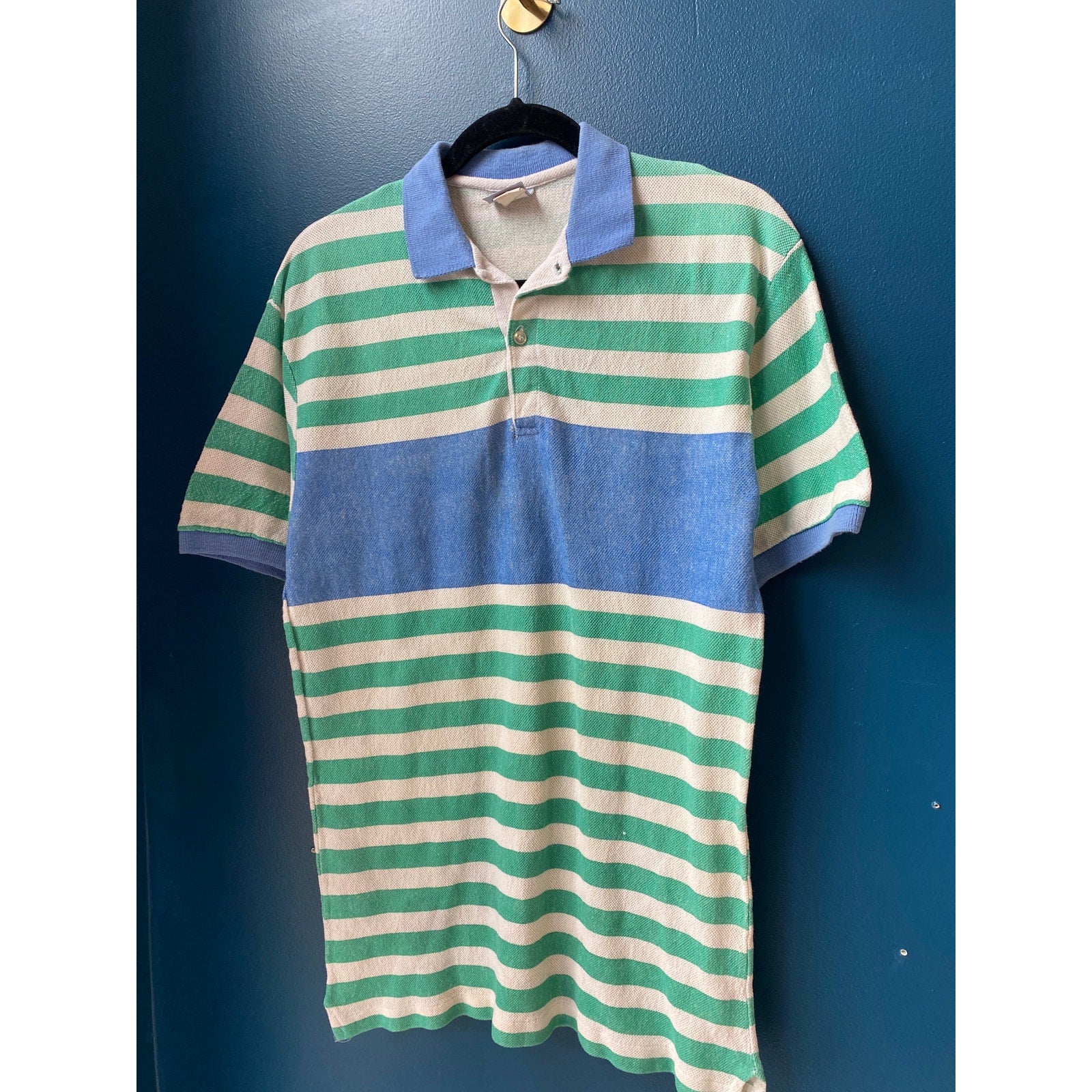 Vintage 80s Dispatch Green Blue Striped Knit Polo Shirt Short Sleeve Mens Medium