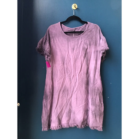Hand-Dyed Round Neck Short Sleeve Purple Shift Dress w/ Ruffles Frayed Hem Large