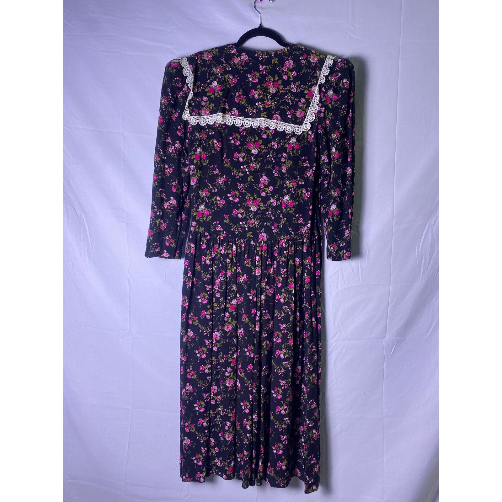 Vintage Black Floral Lace-Trim Long-Sleeved Prairie Dress Pleated Womens Size 12