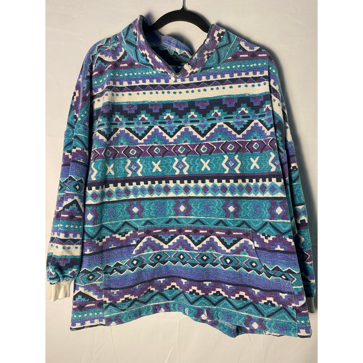 Cozy Patterned Fleece Blue Purple Allover Print Pullover Hoodie Women's Large