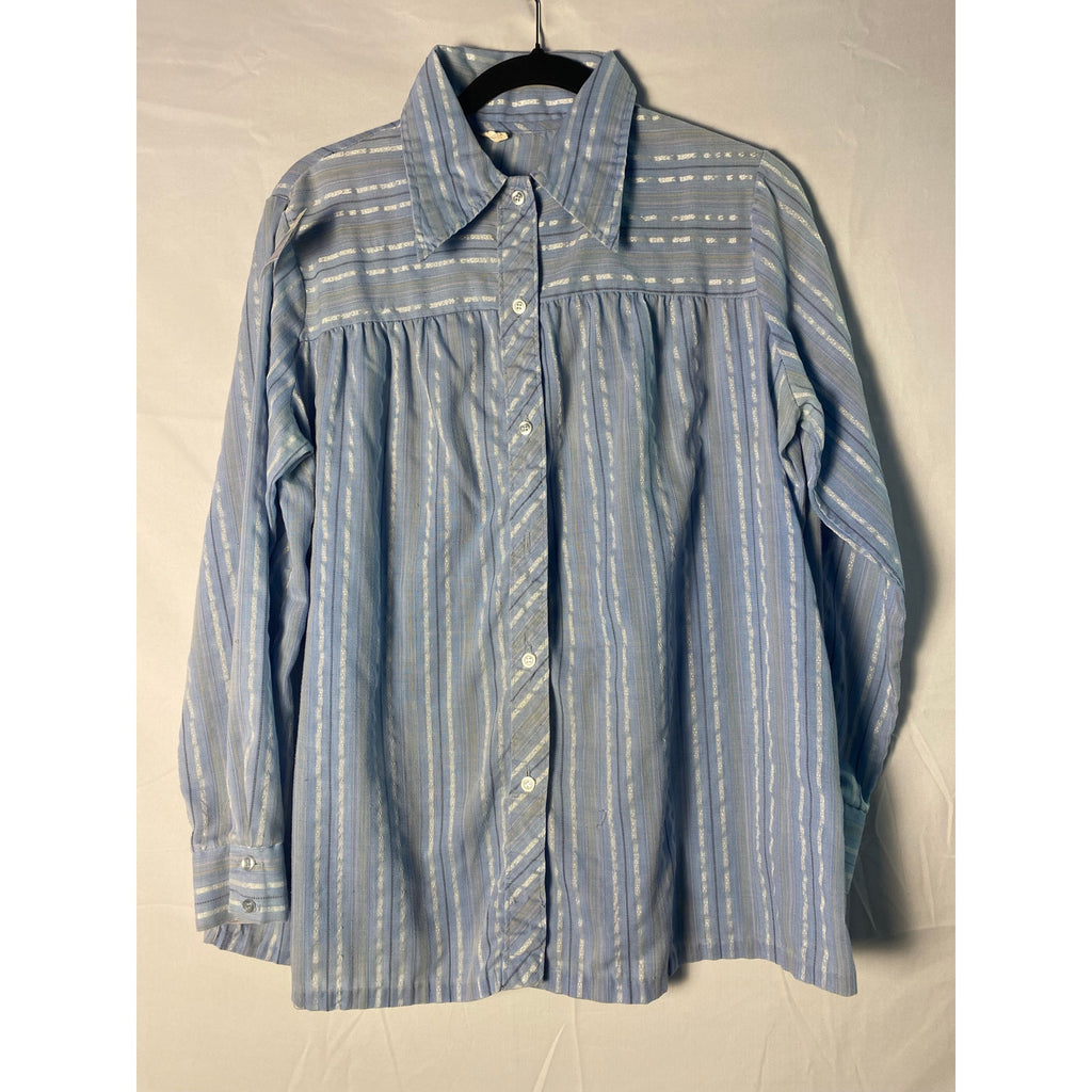 Vintage 70s Light Blue Striped Cotton Blend Babydoll Button Up Long Sleeve Shirt Women's Size XL