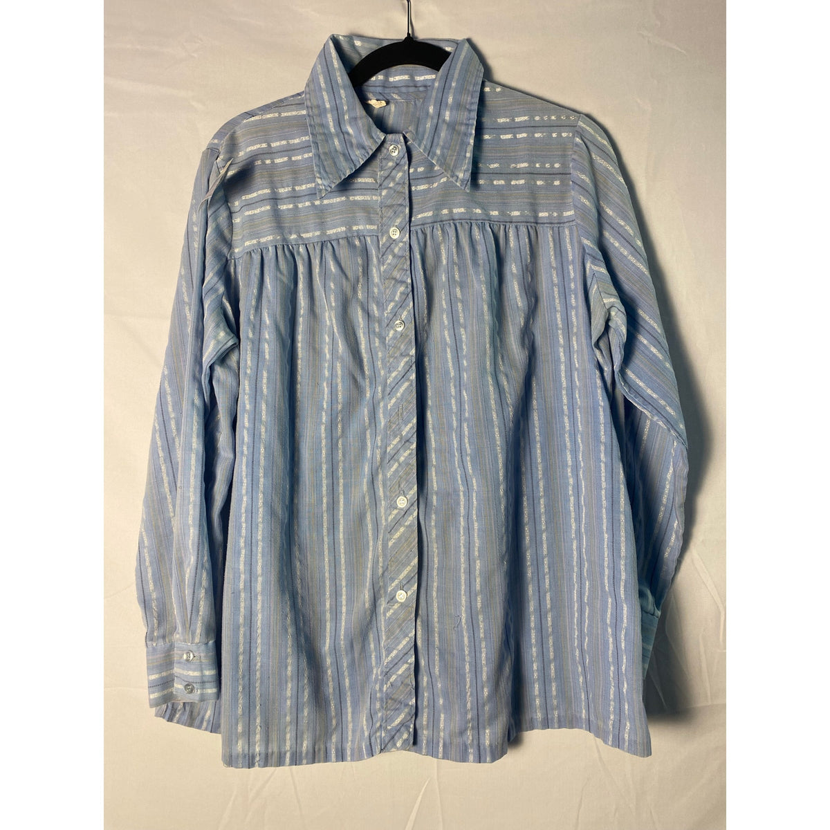 Vintage 70s Light Blue Striped Cotton Blend Babydoll Button Up Long Sleeve Shirt Women's Size XL