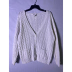 Vintage ERIKA White Cable-Knit Cardigan Sweater Front Pockets Women's Medium