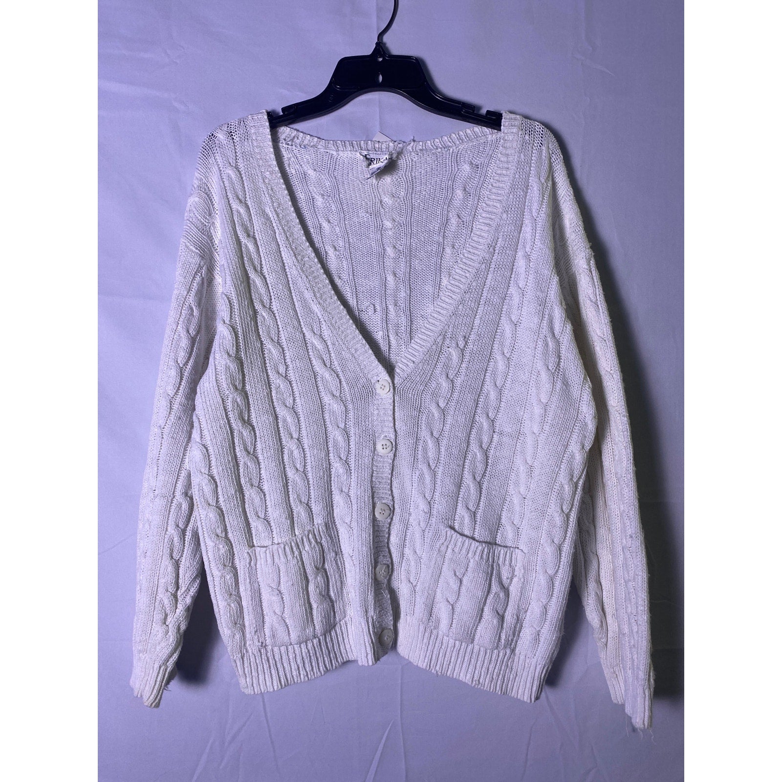 Vintage ERIKA White Cable-Knit Cardigan Sweater Front Pockets Women's Medium