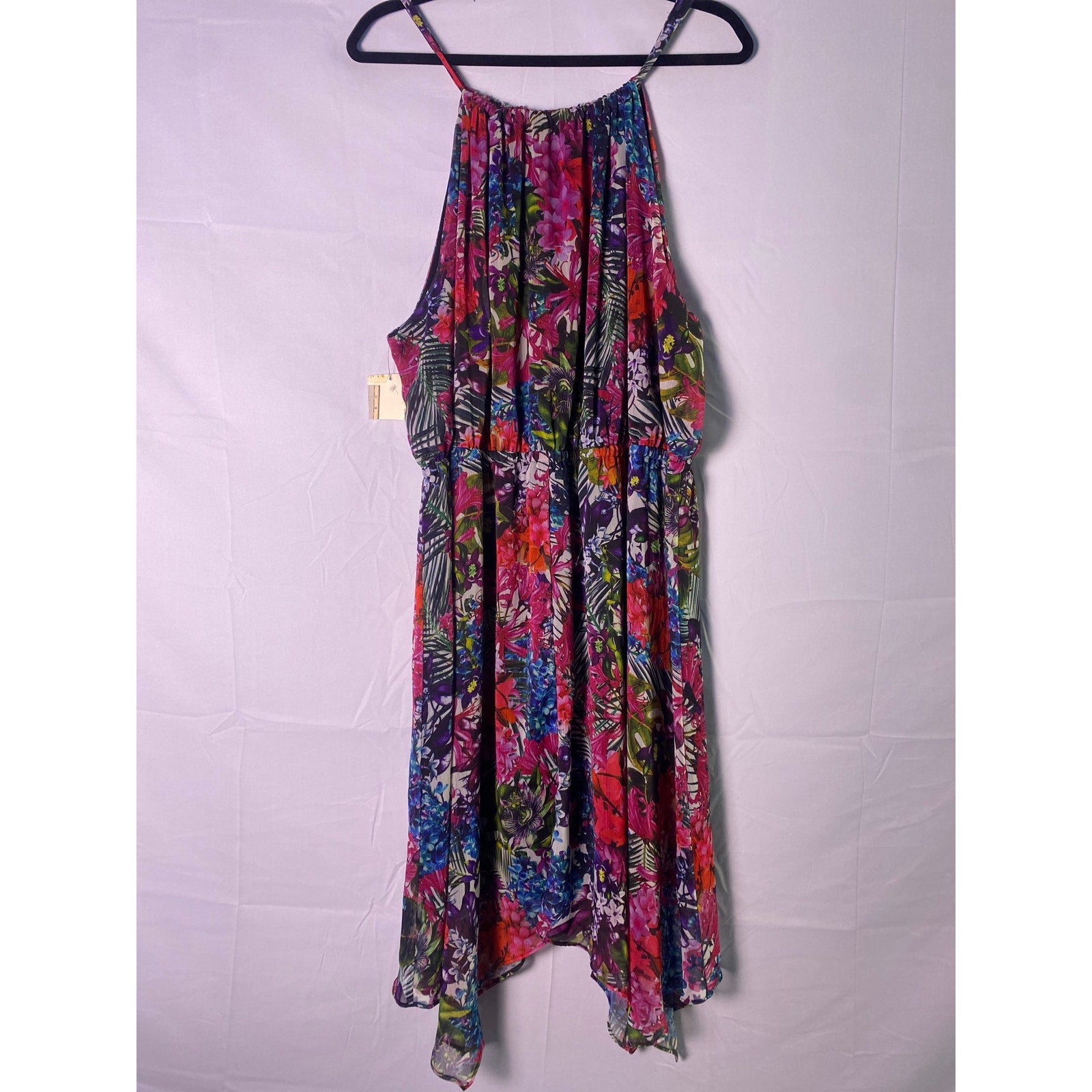 Bold Tropical Print Chiffon Halter w/ Asymmetrical Hem Pleated Dress Fits 2X-3X