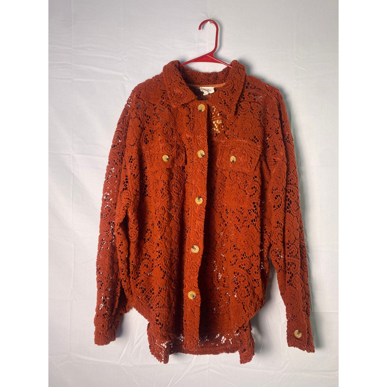 BiBi Fuzzy Red Brown Button Up Floral Crochet Jacket Chest Pockets Women's XL
