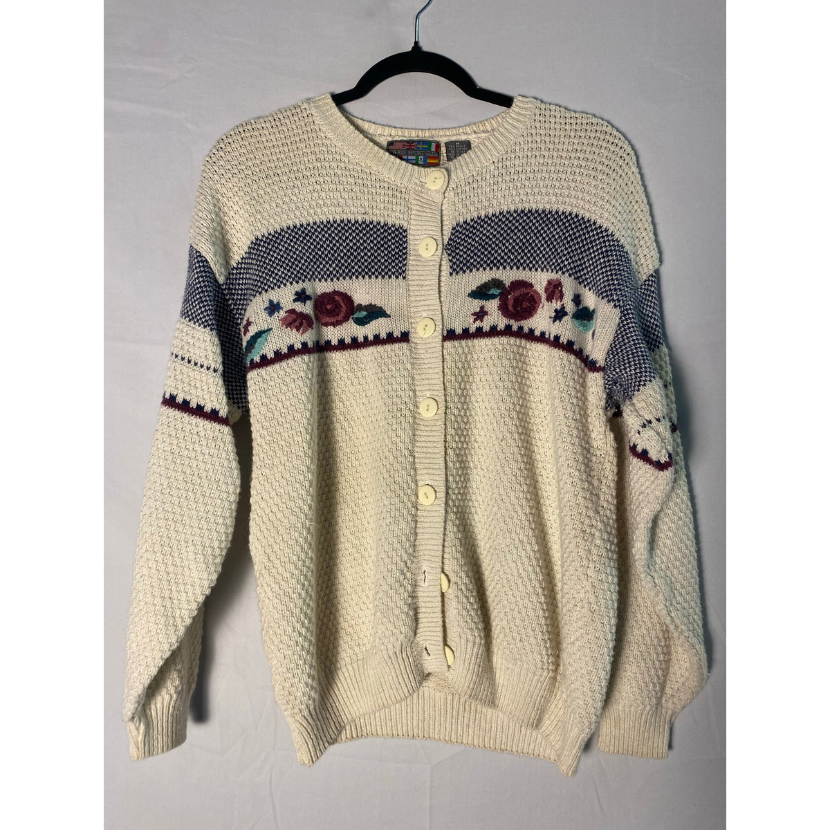 Vintage 80s Rose Motif White Knitted Cardigan