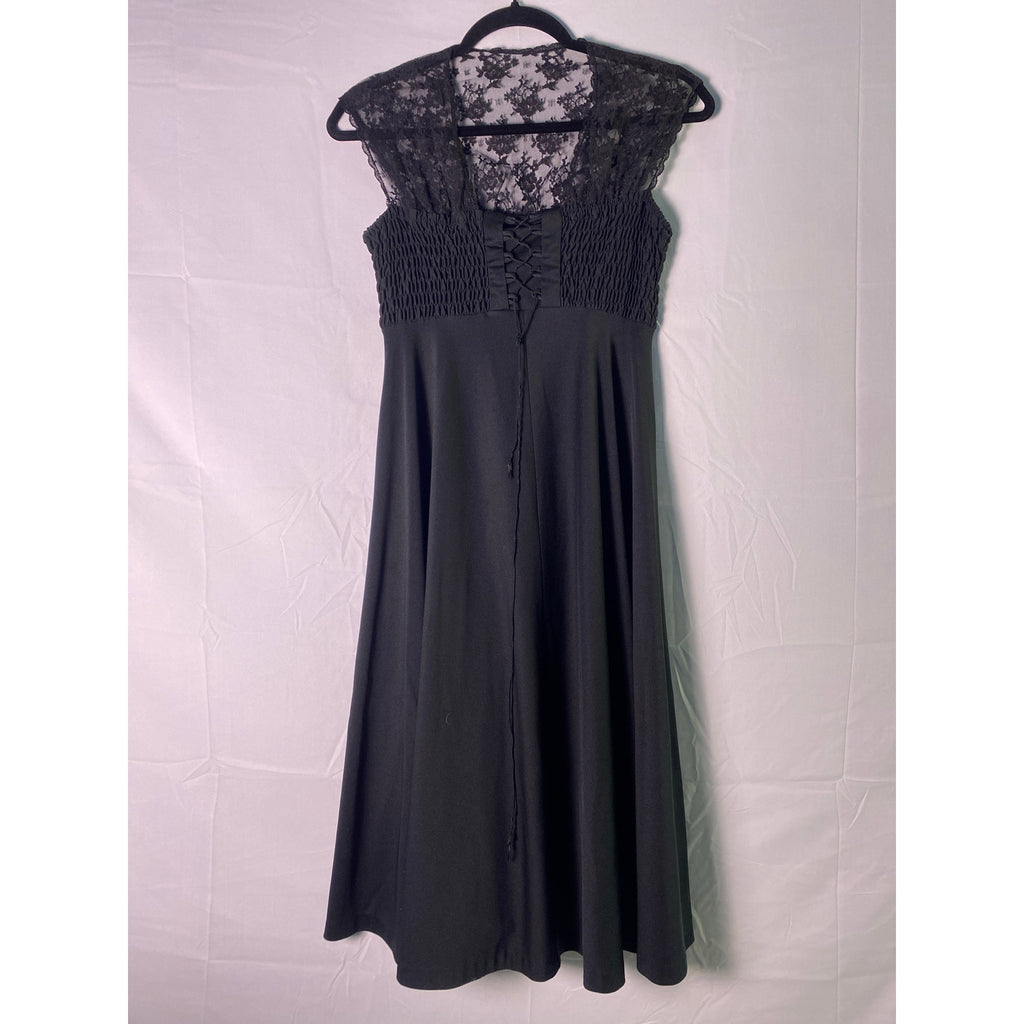 70s Jody T of California Black Floral Lace Ruched Corset Smocked Lave Up Dress