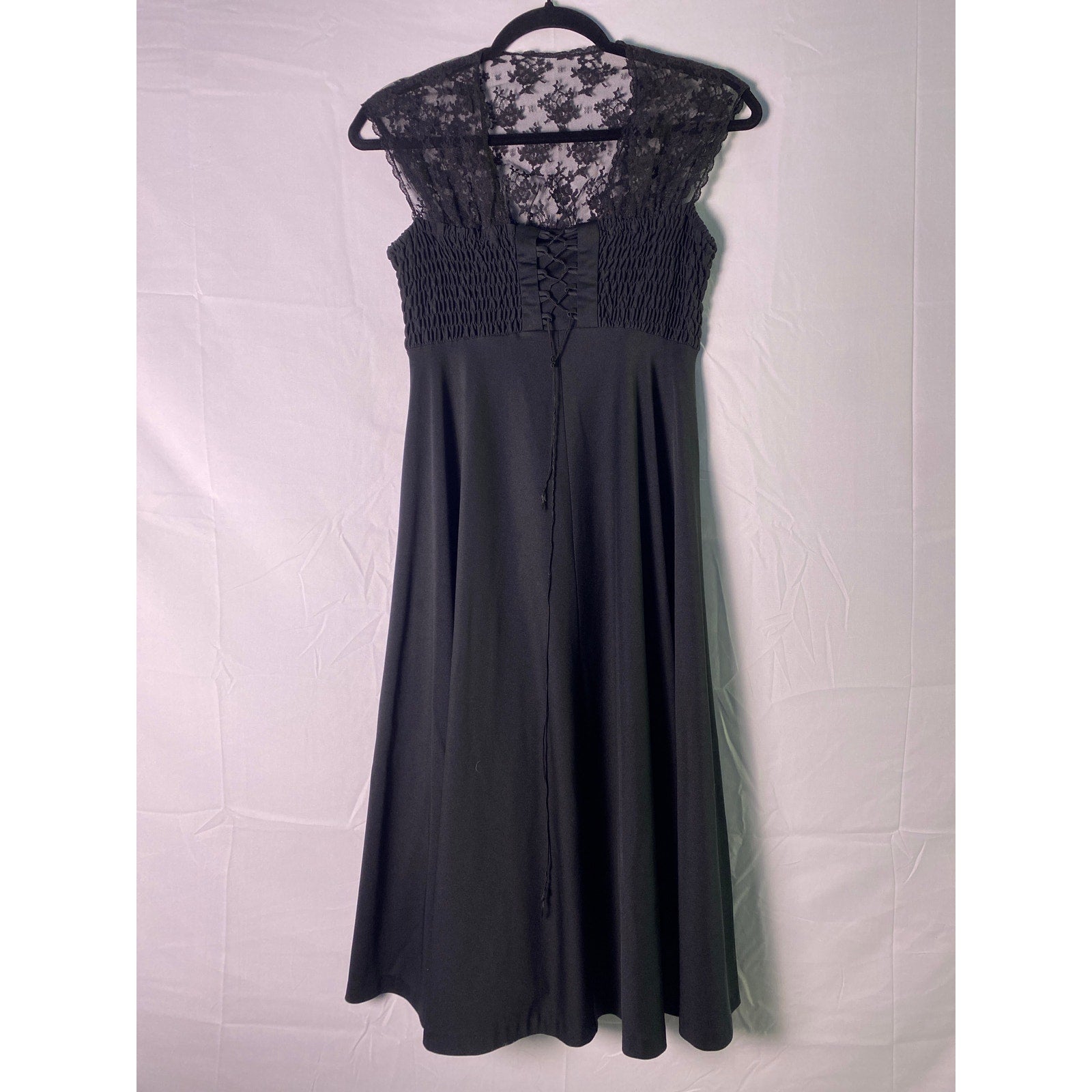 70s Jody T of California Black Floral Lace Ruched Corset Smocked Lave Up Dress