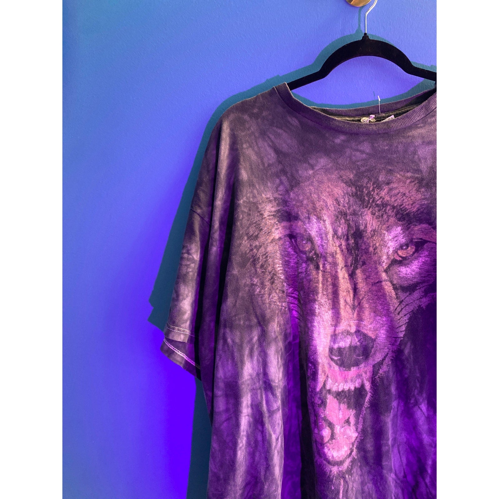 Vintage Wolf Print Tie Dye Shirt Crew Neck Short Sleeve Men's Size XL
