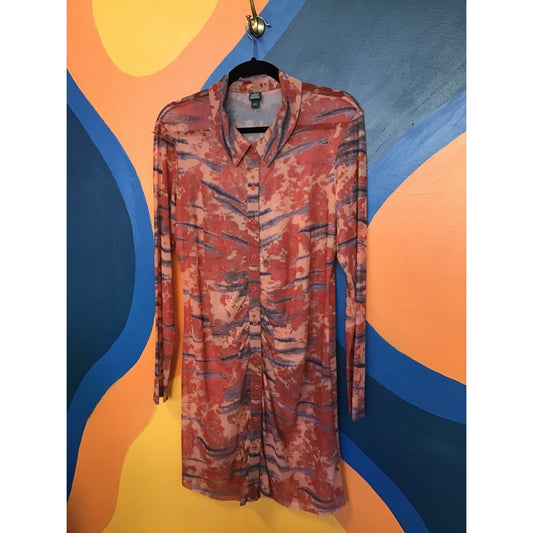 Wild Fable Orange Tie-Dye Long Sleeve Button Front Mesh Dress Women's Size Large
