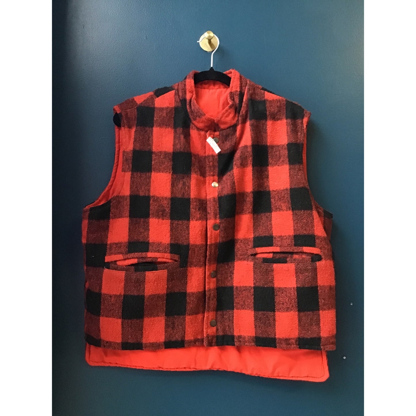 70s Reversible Black Red Plaid Sweater Thick Vest Flannel Buttons Up