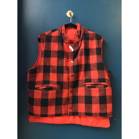 70s Reversible Black Red Plaid Sweater Thick Vest Flannel Buttons Up