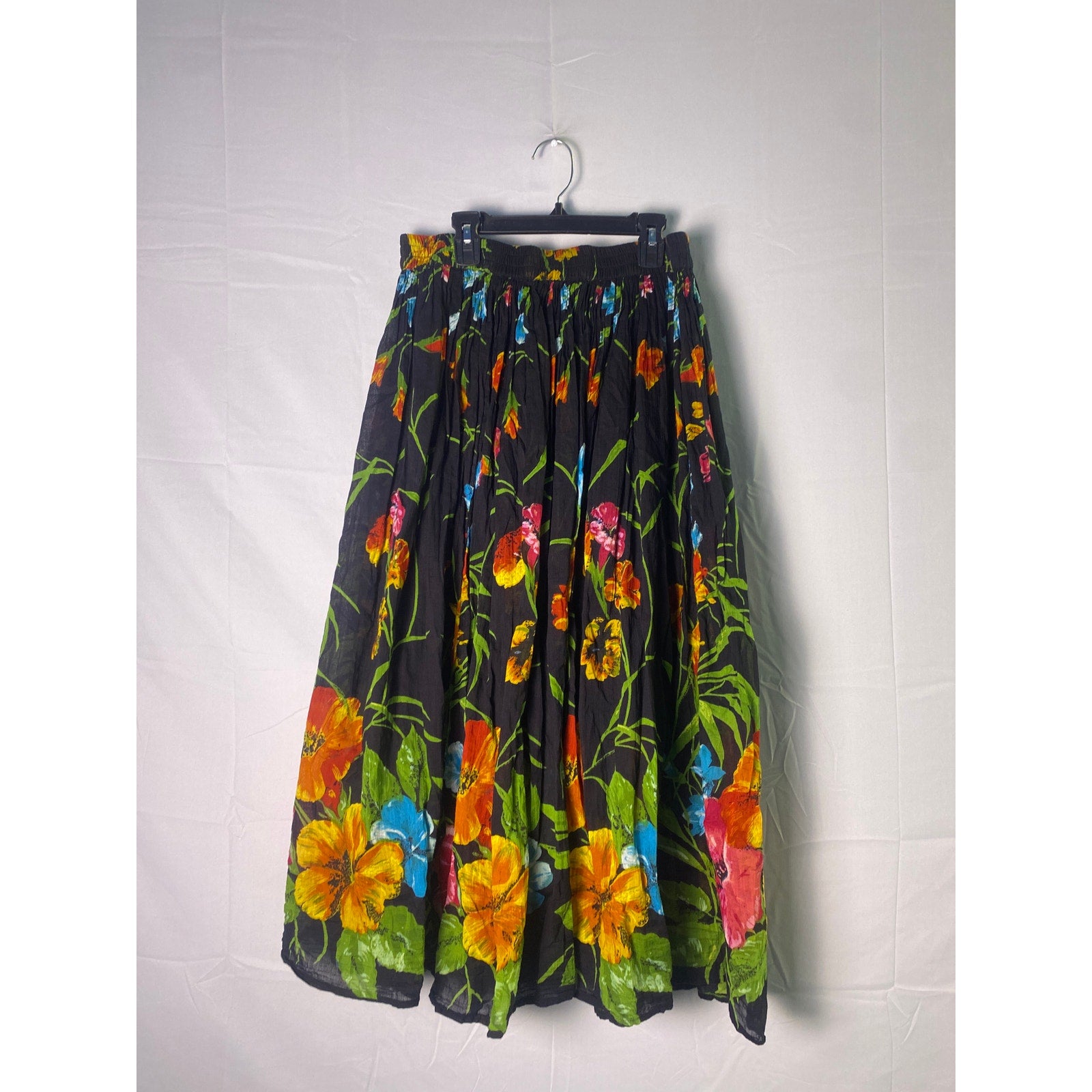 Vintage BFA Black Multicolor Cotton Pleated Maxi Skirt Women's Size Medium