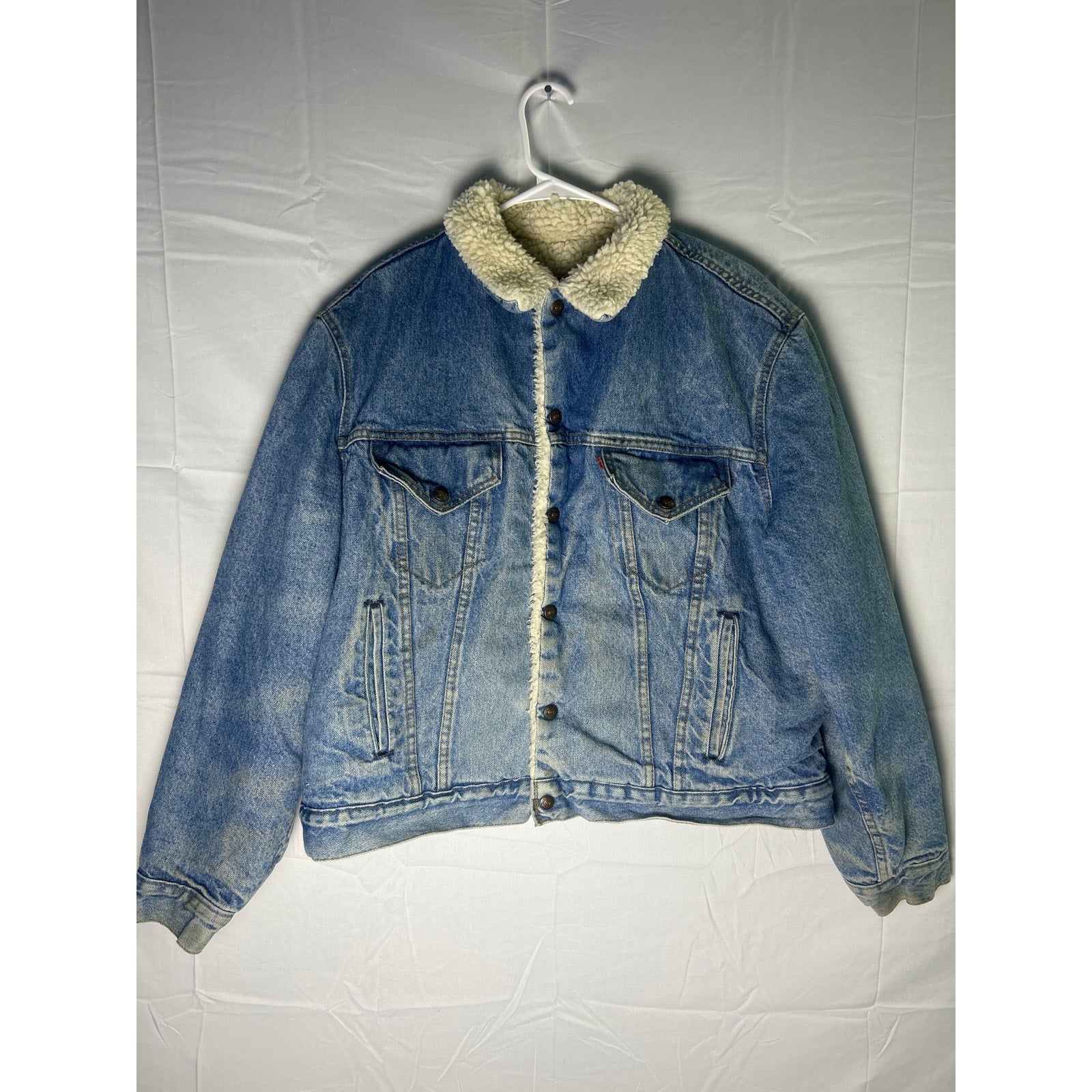 Levi's Blue Denim Button Snap Sherpa Lined Jacket Pockets Retro Men's Size 46R
