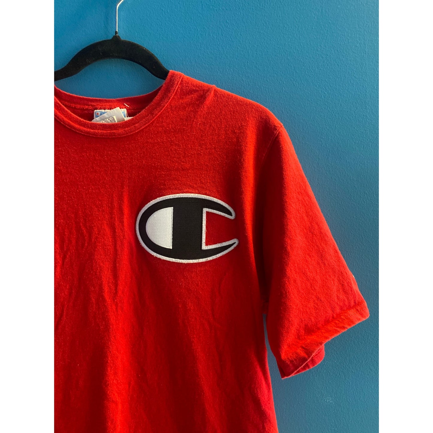 Y2K Champion Crew Neck Logo Print Short Sleeve Red Shirt Men's Size Large