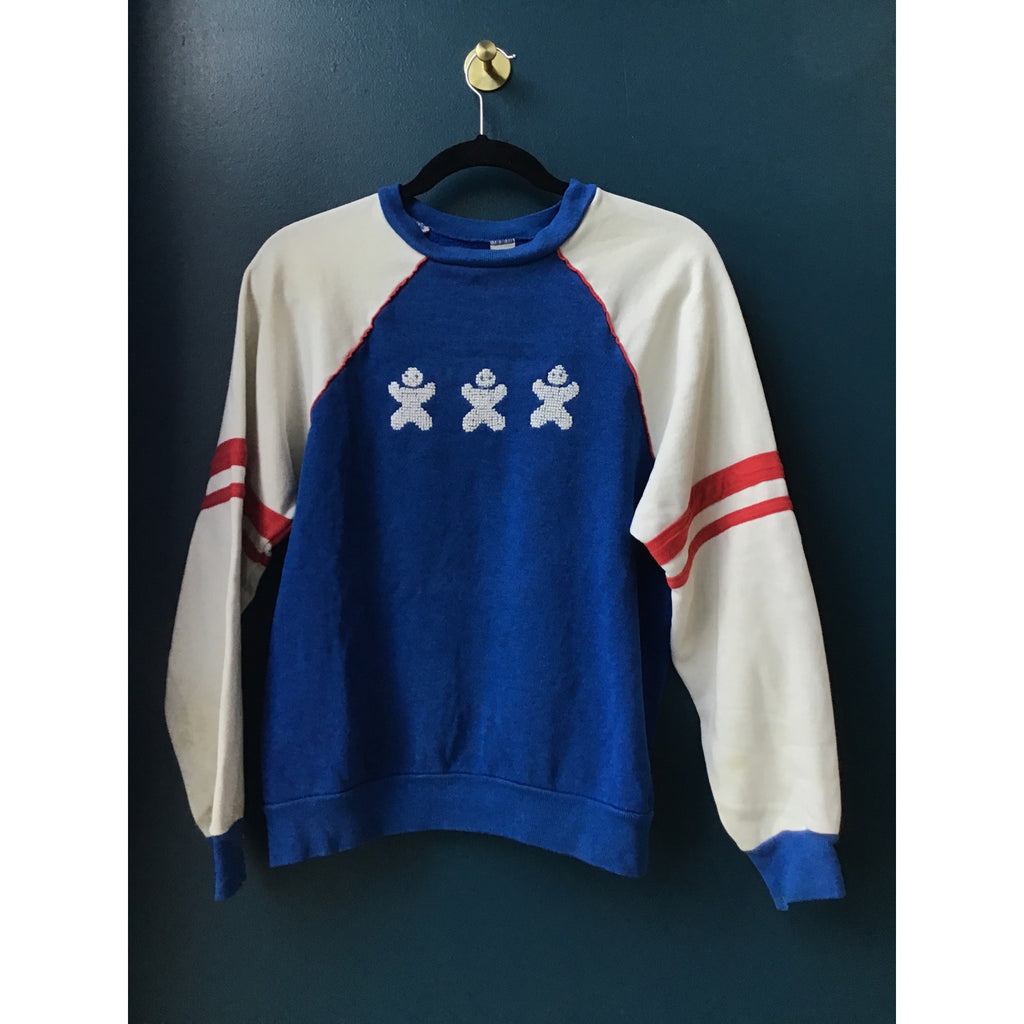 Vintage 80's 190's Red White Blue Cross stitched People Pullover Sweatshirt M/L