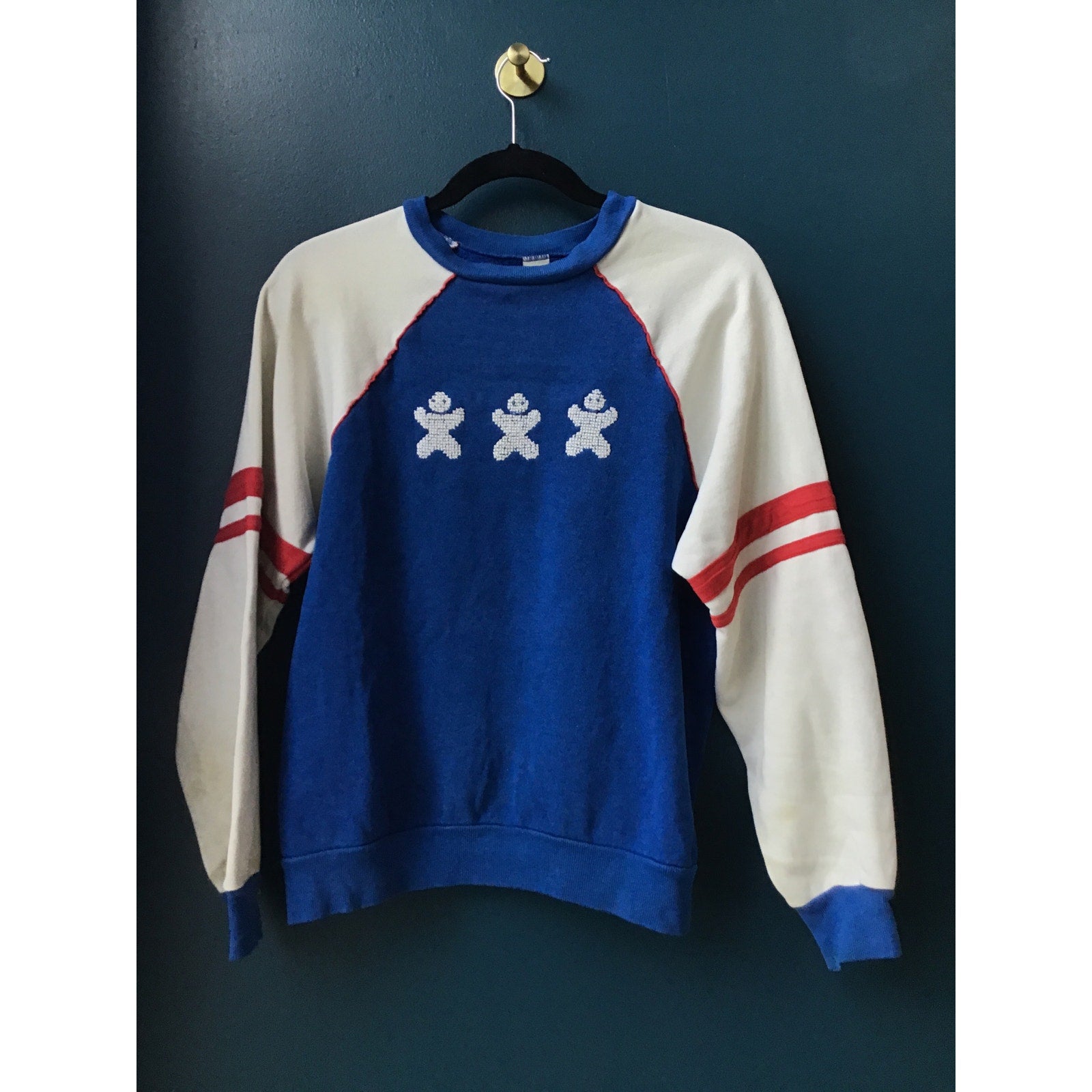 Vintage 80's 190's Red White Blue Cross stitched People Pullover Sweatshirt M/L
