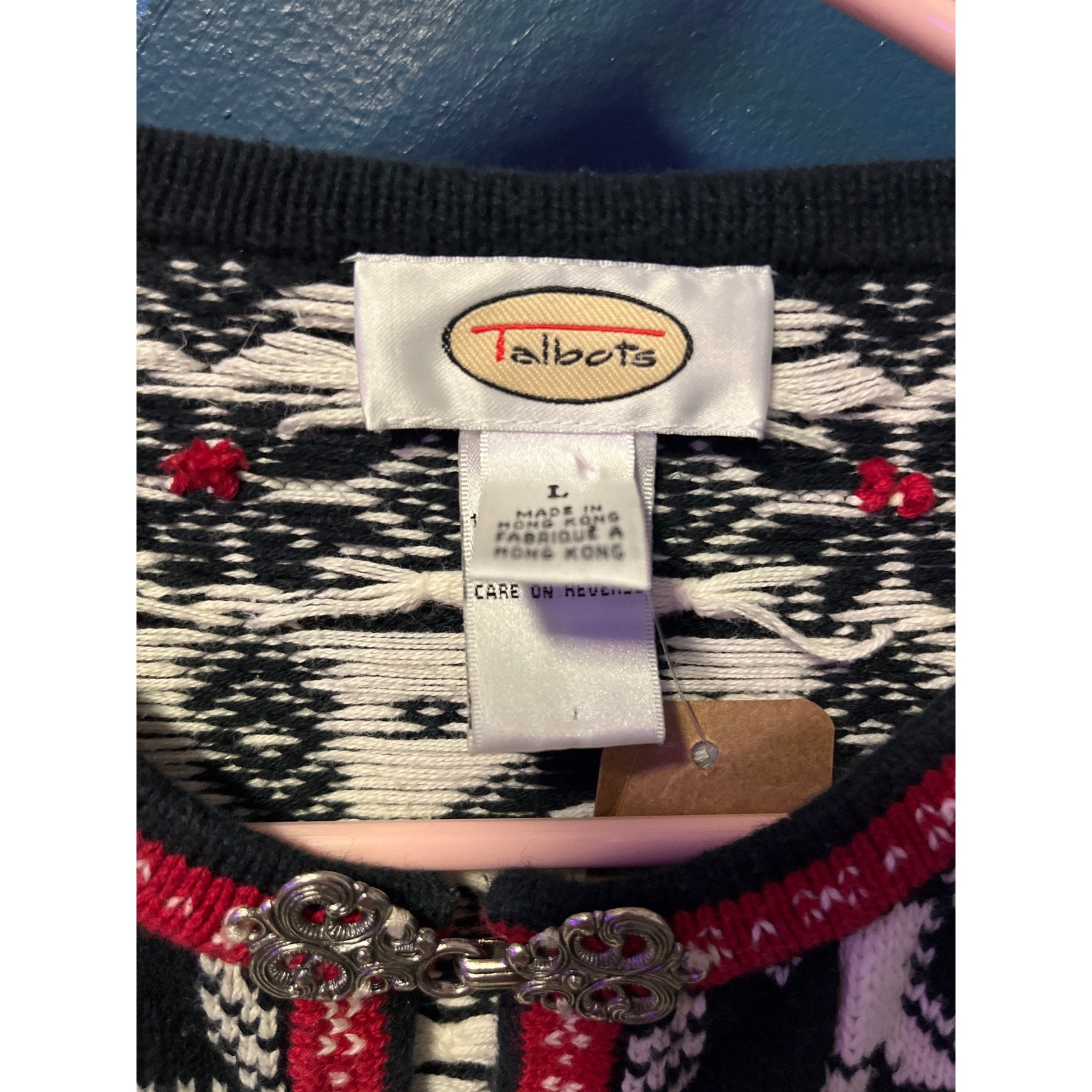 Vintage Talbots Nordic Fair Isle Metal Hook Closure Cardigan Sweater Size Large