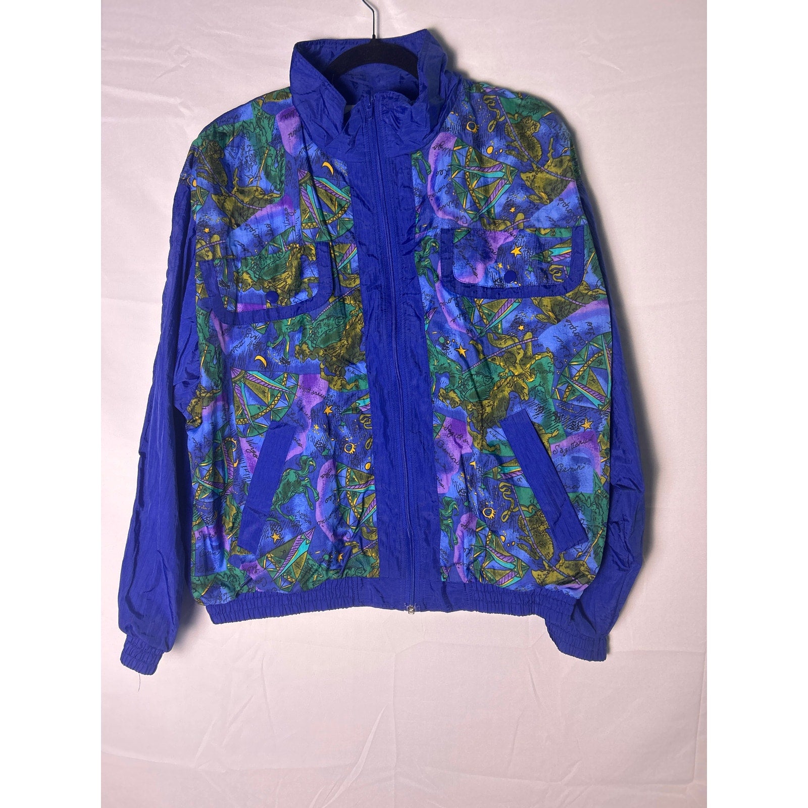 Vintage 90s MTA Pro Blue Full Zip Windbreaker Japan Horoscope Zodiac Mens Medium