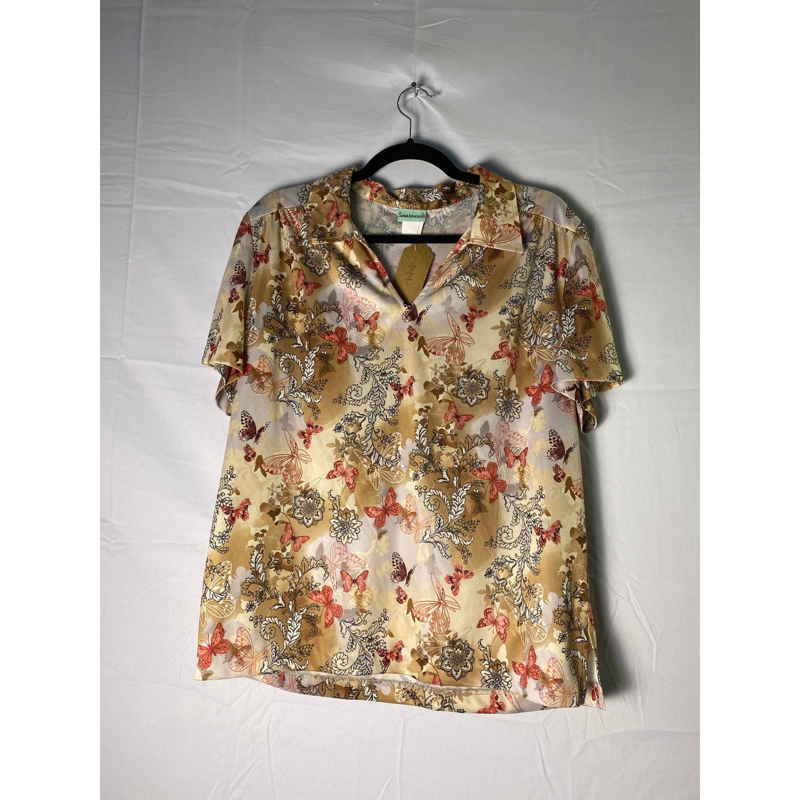 Vintage Sara Morgan Brown Floral Butterfly Polo Blouse Top Women's Size Large