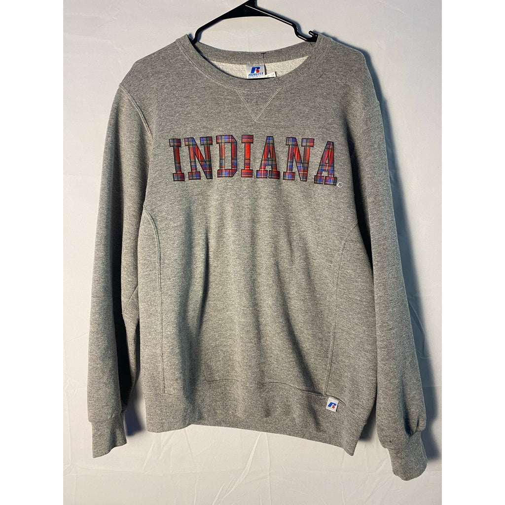 Russell Athletic Indiana Plaid Print Logo Gray Pullover Sweater Men's Medium