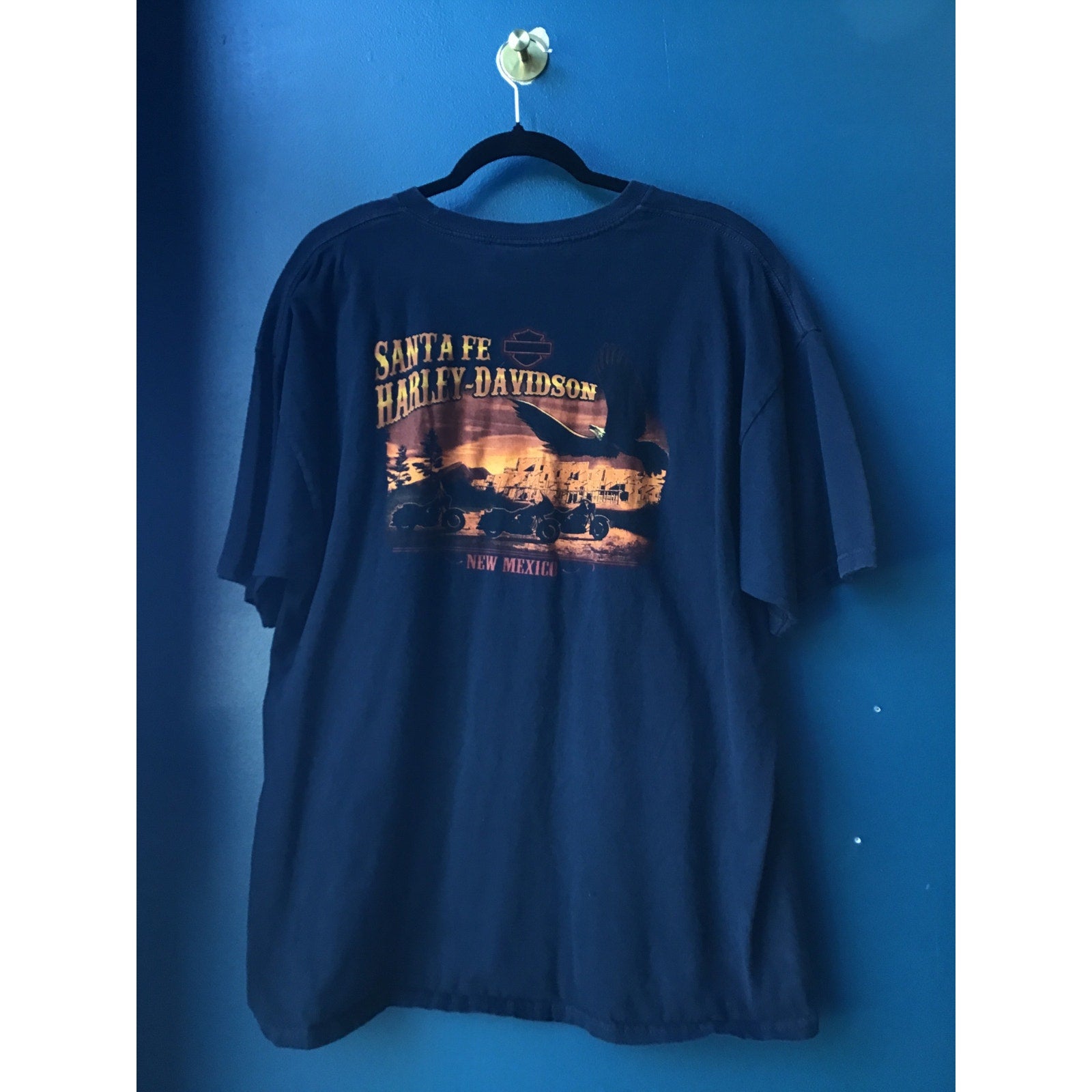 Vintage 90s Harley Davidson Santa Fe, New Mexico Print Navy Shirt Men's Size XL