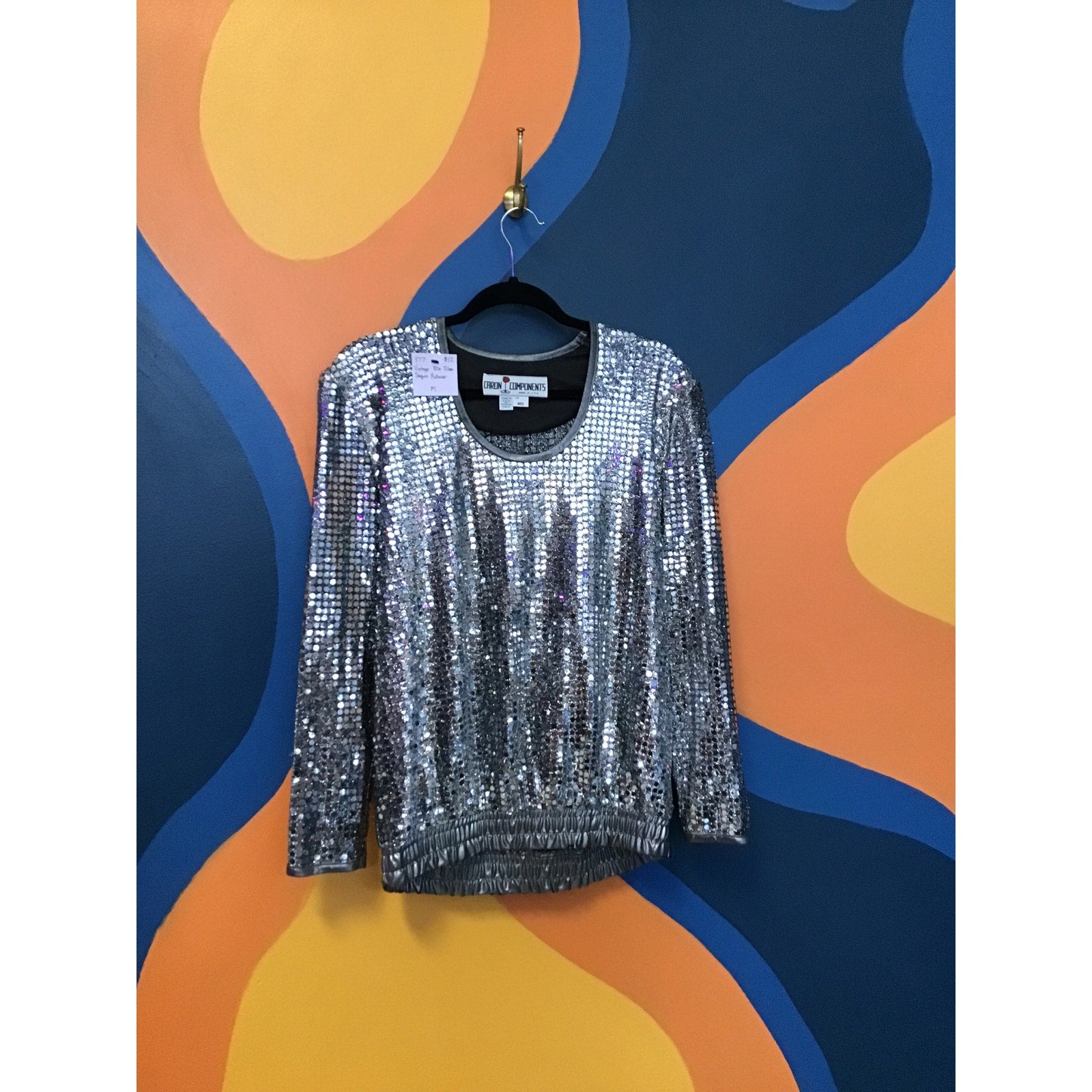 Vintage 80s Caron Components Silver Sequin Pullover Round Neck Shirt Women's Medium