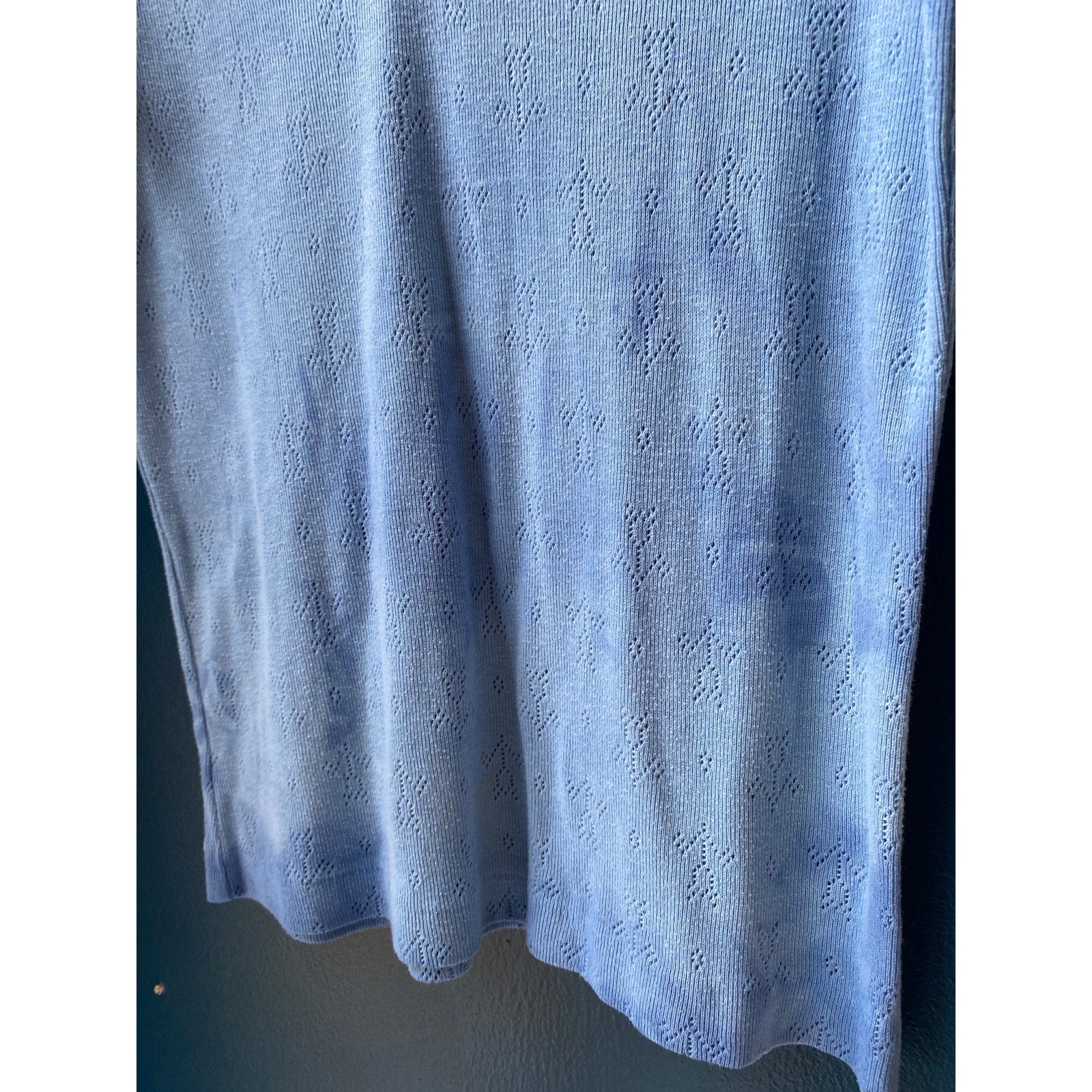 Vintage 80s Hand-Dyed Pointelle Blue V-neck Knit Top Ruffled Short Sleeve Small