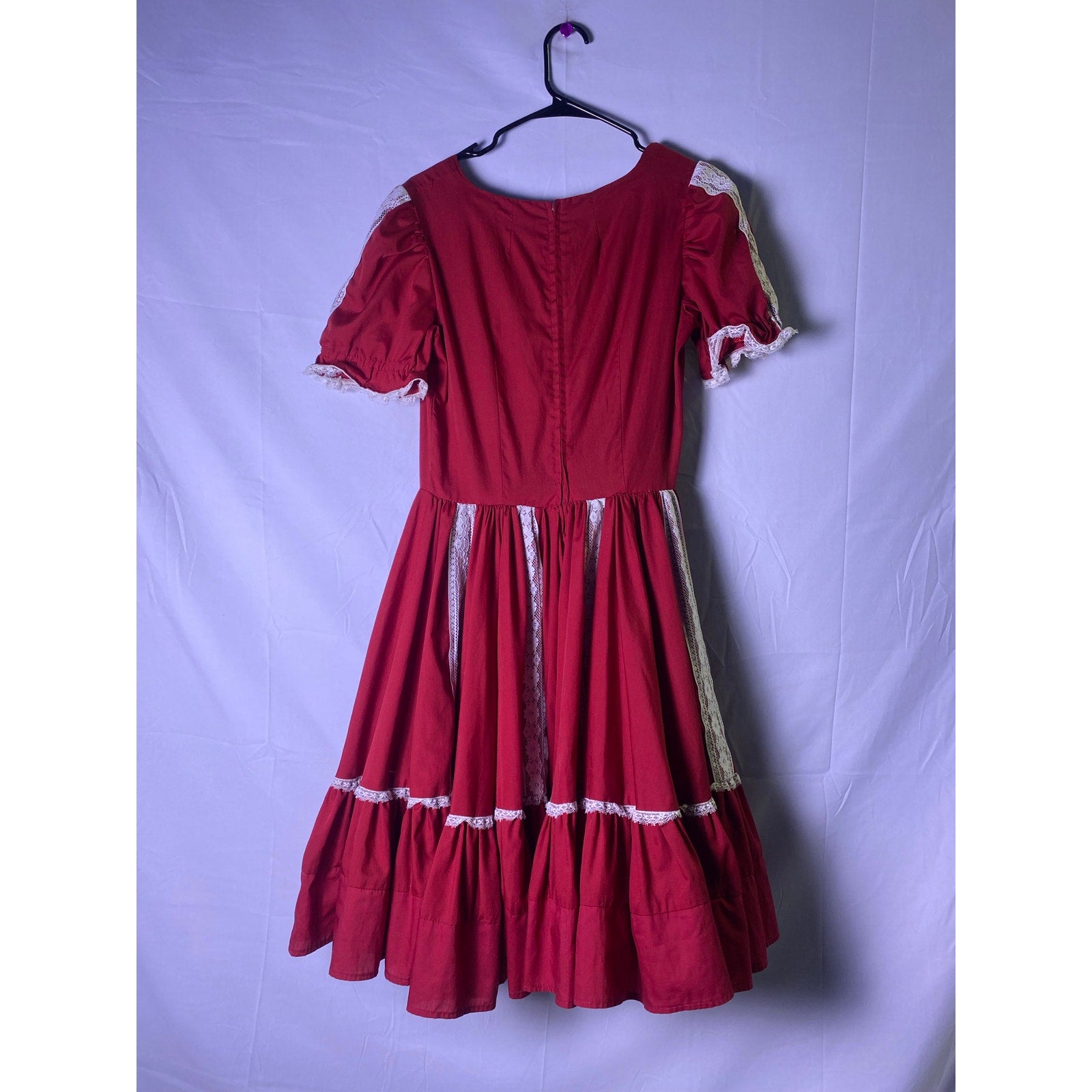 Vintage 70s Red Handmade A-line Ruffled Dress Square Neck Bust 33" &nbsp;Waist 31"