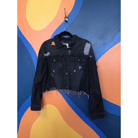 Daisy Black Denim Distressed Button Up Crop Jacket Raw Hem Women's Size Large