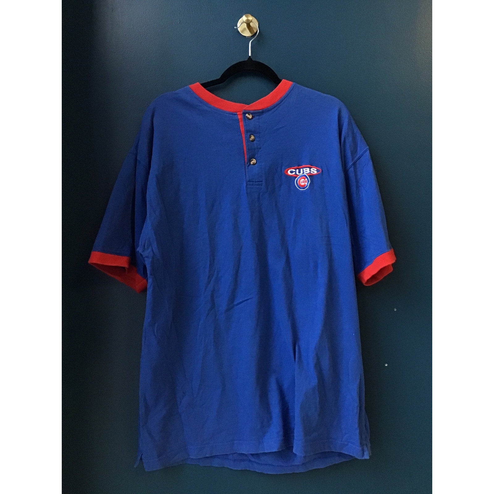 Vintage 90s Pro Edge Chicago Cubs Embroidered Blue Henley Shirt Men's Size XL