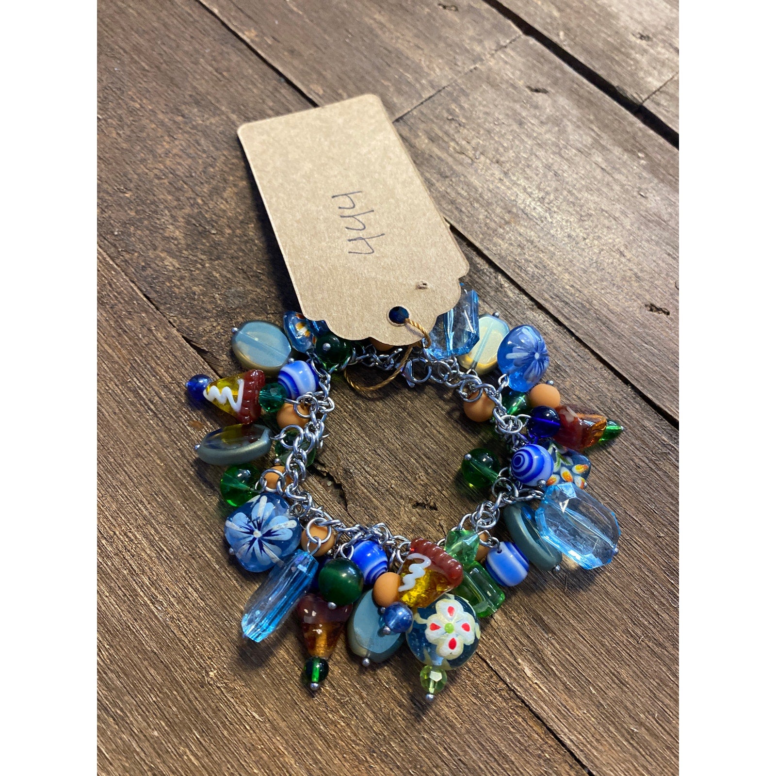 Upcycled Blue Green Orange Beaded Cha-Cha Bracelet