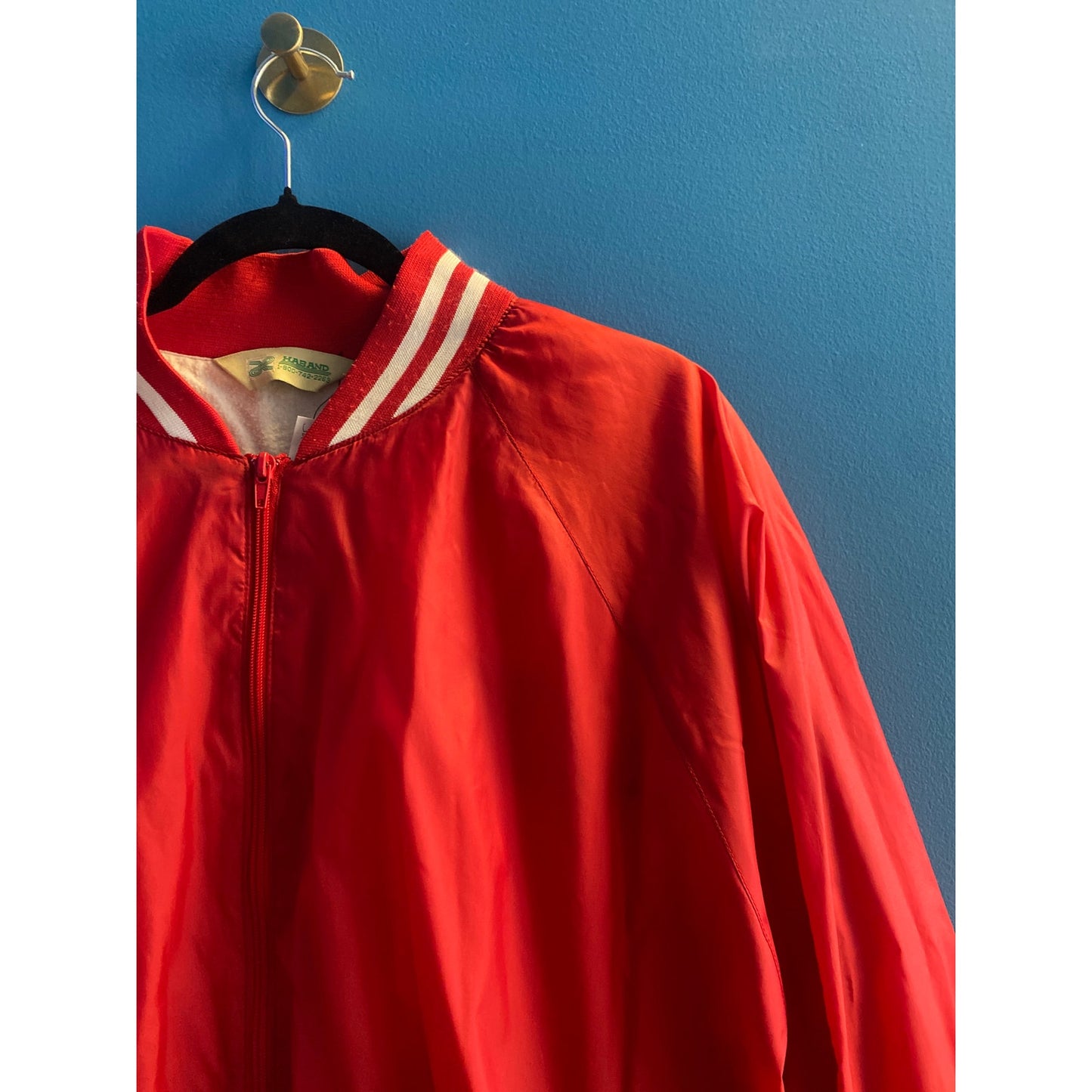 Haband Red White Stripes Nylon Full Zip Varsity/Bomber Jacket Men's Size Large