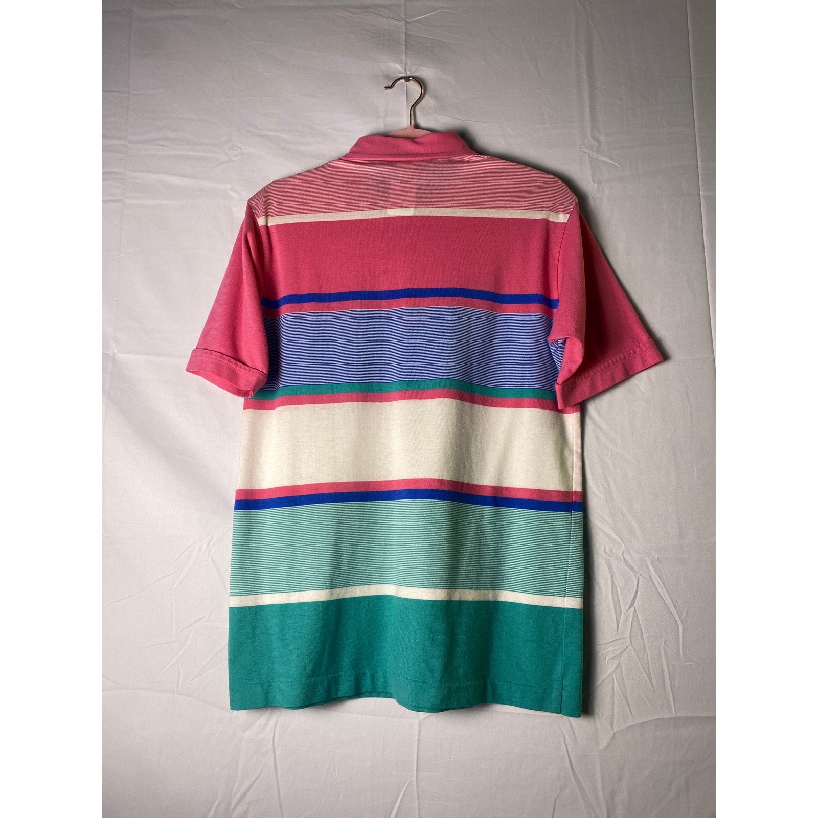 Vintage Arrow Pink White Green Striped 1/4 Button Polo Shirt Short Sleeve Medium