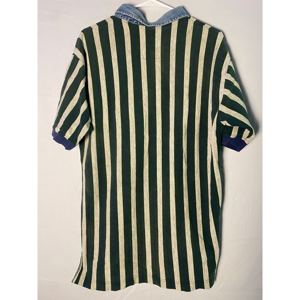 Cotton Mill 100% Cotton Rugby Style Polo Shirt Green White Striped Men's Large