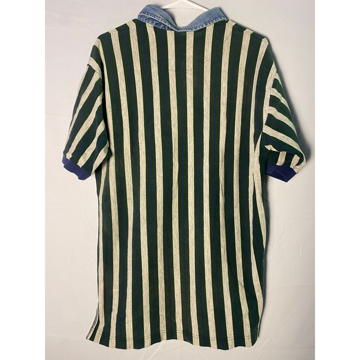 Cotton Mill 100% Cotton Rugby Style Polo Shirt Green White Striped Men's Large