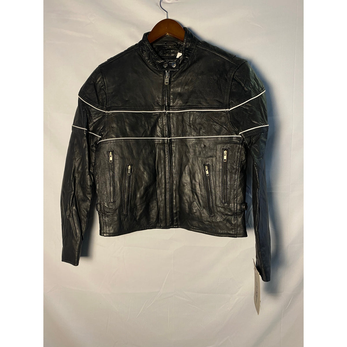 NWT Unik Lightweight Ganuine Black Leather Jacket w/White Stripes
