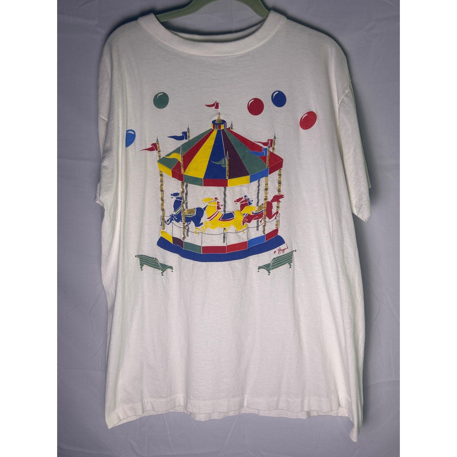 Vintage 80s-90s Carousel Merry-Go-Round Glitter Print White Shirt Women One Size